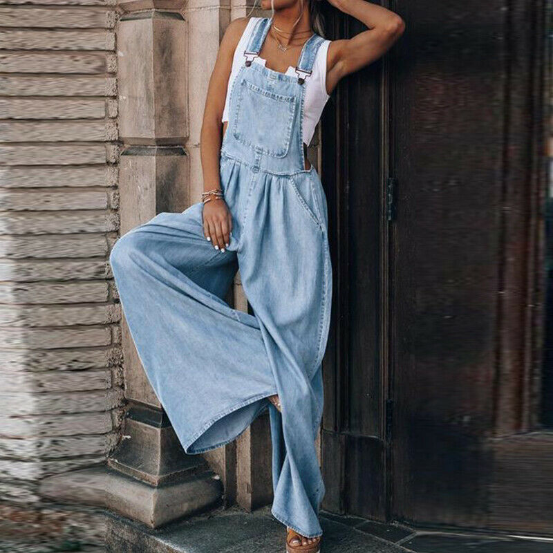 Style Dome Women's Dungarees Vintage Printed Loose Casual Baggy Sleeveless Overall Long Jumpsuit Playsuit Trousers Pants Dungarees 