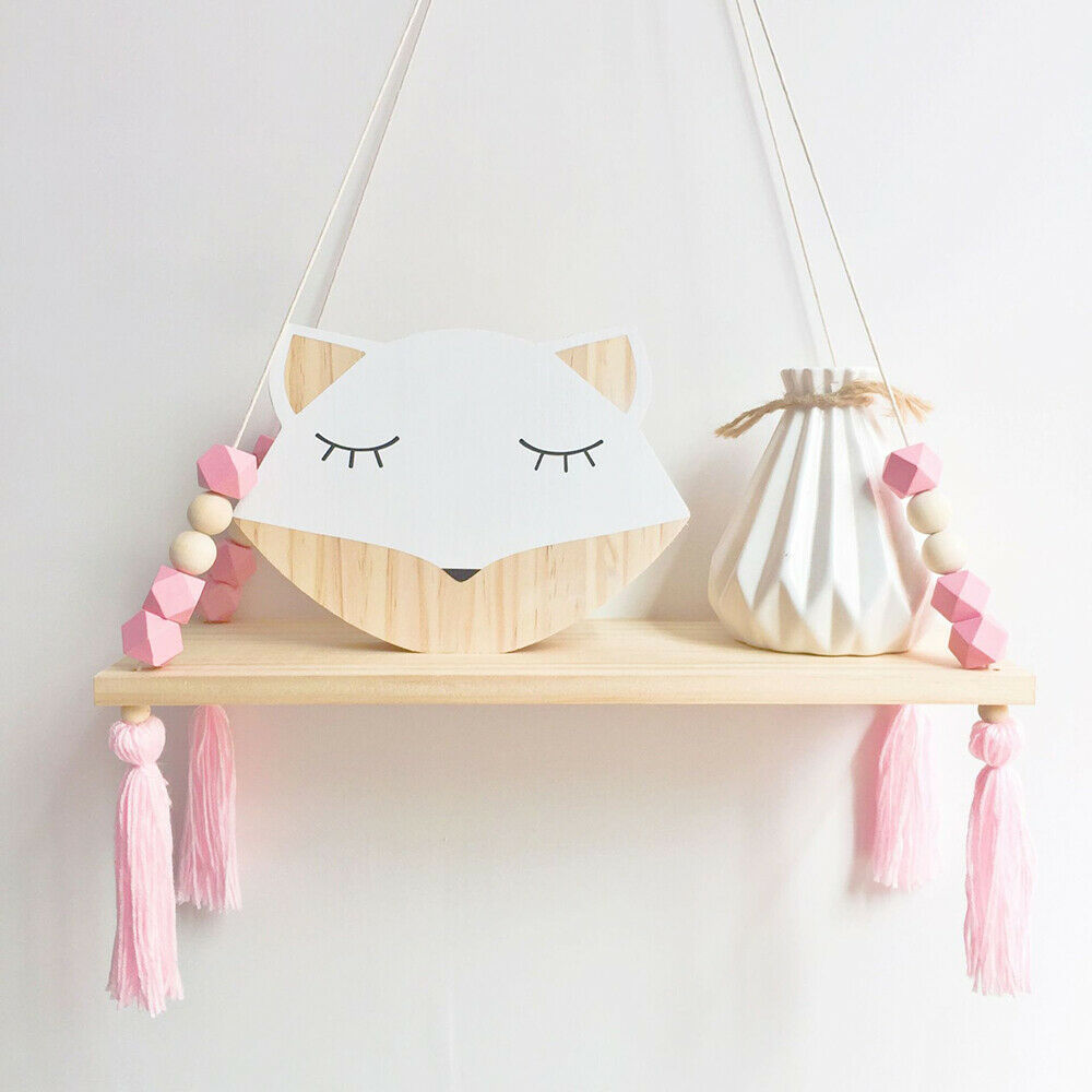 Cute Baby Kids Storage Wood Rope Swing Wall Hanging Shelf Shelves Home Decor 