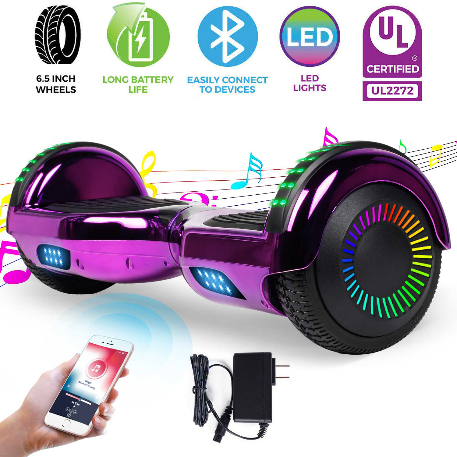 6.5/" LED Hoverboard Electric Self Balancing Bluetooth Scooter No Bag Purple