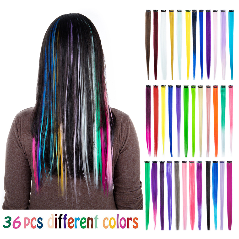 36Pcs Party Rainbow Colorful Clip-in Hair Extension Straight Synthetic Hairpiece
