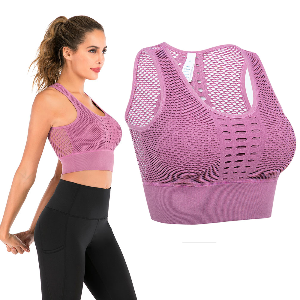 Women's Padded Removable Sports Bra Crewneck Hollow Mesh Back Yoga Gym Vest Tops - Picture 13 of 16