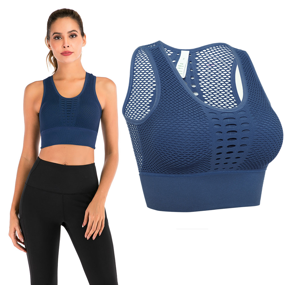 Women's Padded Removable Sports Bra Crewneck Hollow Mesh Back Yoga Gym Vest Tops - Picture 15 of 16