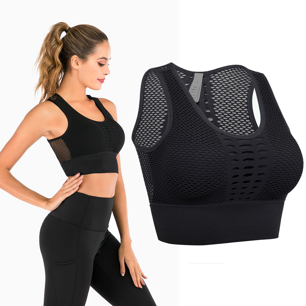 Women's Padded Removable Sports Bra Crewneck Hollow Mesh Back Yoga Gym Vest Tops - Picture 16 of 16