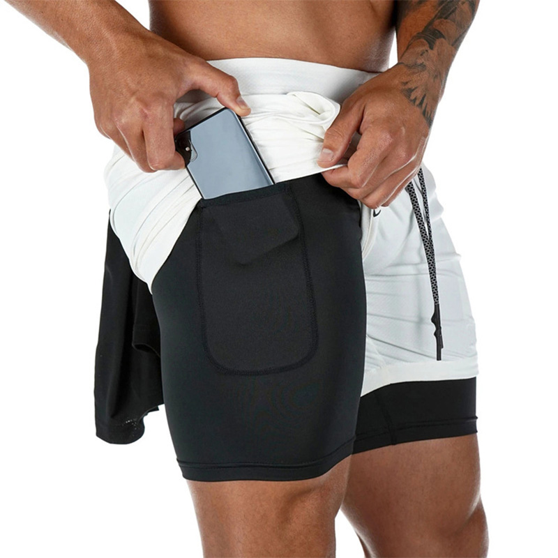 New Men Running Shorts with Phone Pockets 2 In 1 Sports Pants Jogging ...