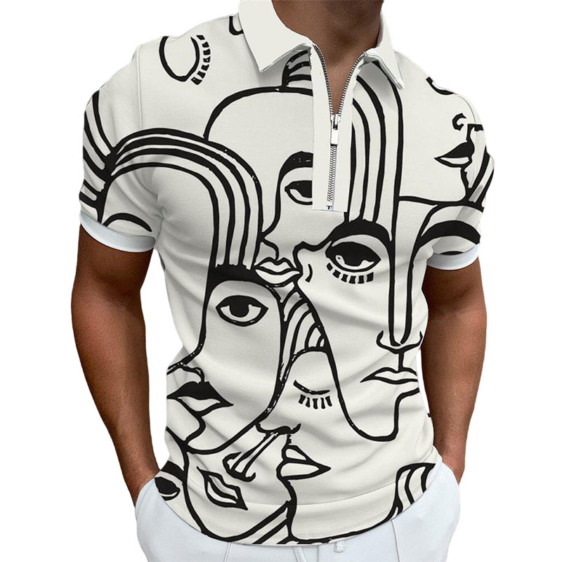 Men Casual Polo Shirts Zipper Printed T Shirts Golf Work Short Sleeve Slim  Tops | eBay