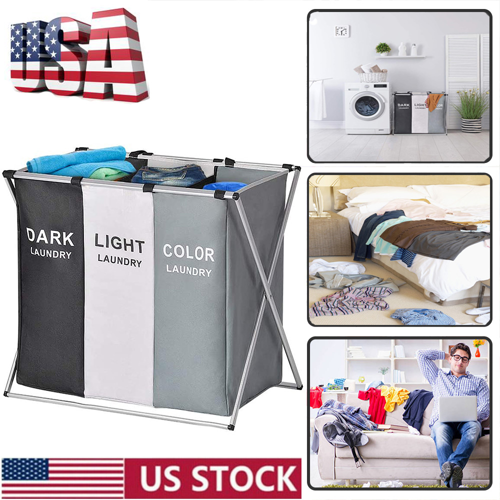 Double Laundry Section Hamper Sorter Clothes Storage Foldabl
