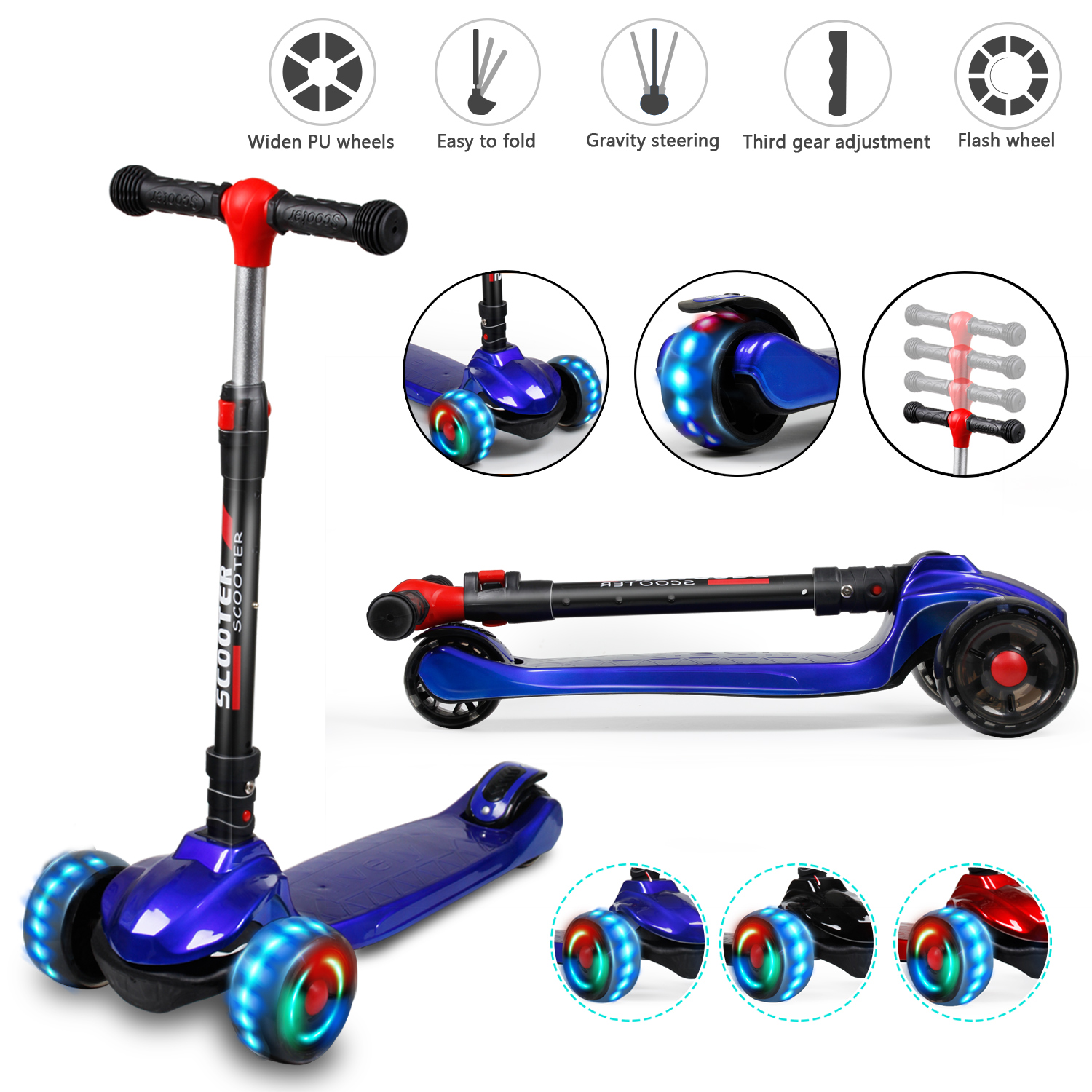 Kick Scooter Deluxe for Toddler Adjustable Girls Boys Kids Toy Gift 3 LED Wheels
