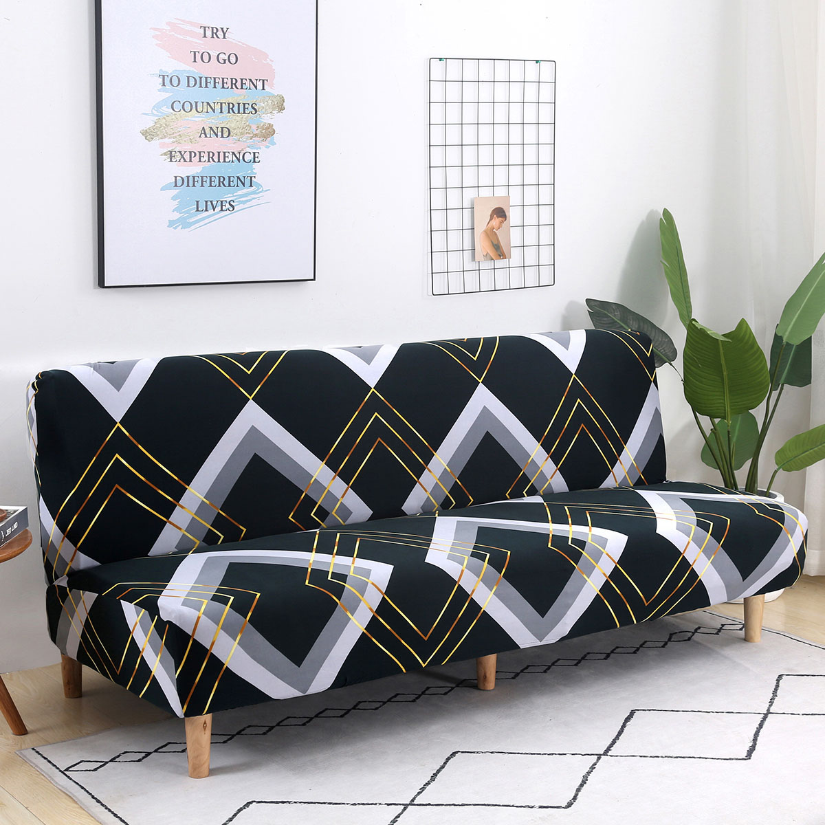 Folding Sofa Bed Cover Solid Color Futon Armless Slipcover Elastic All