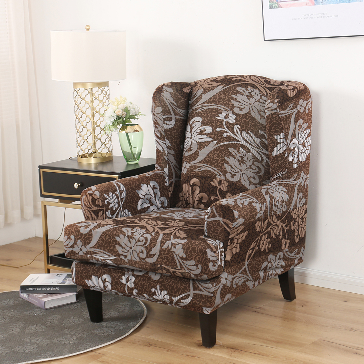 US Stretch 2Piece Wing Chair Cover Wingback Armchair Seat Slipcover