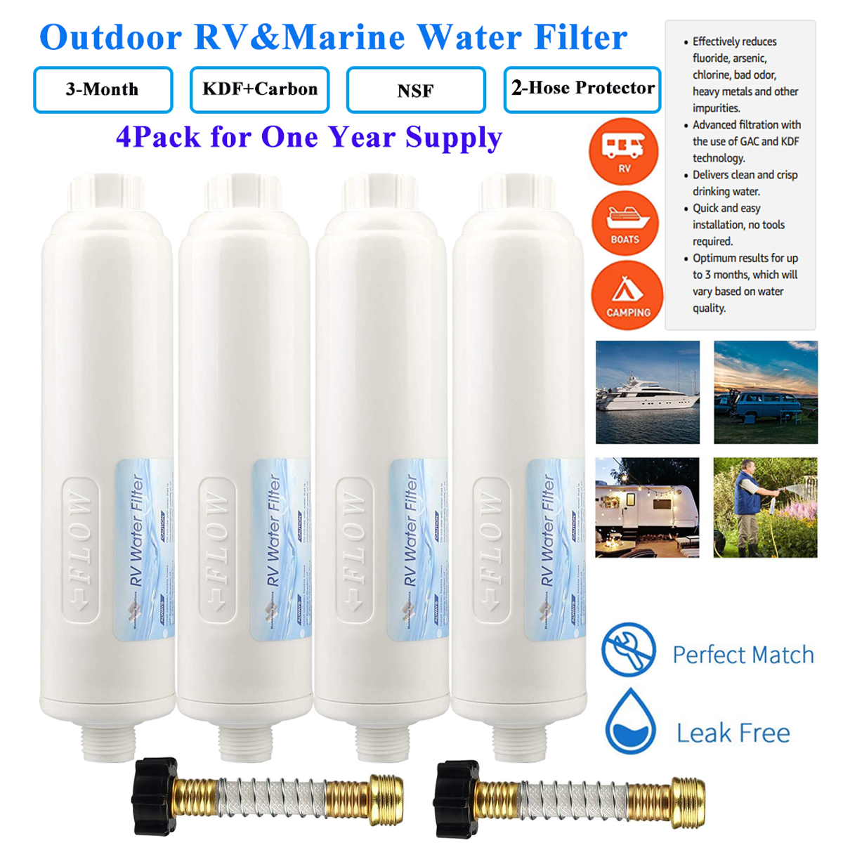 4Pack INLINE RV Water Filter KDF Carbon Large Capacity for Boats
