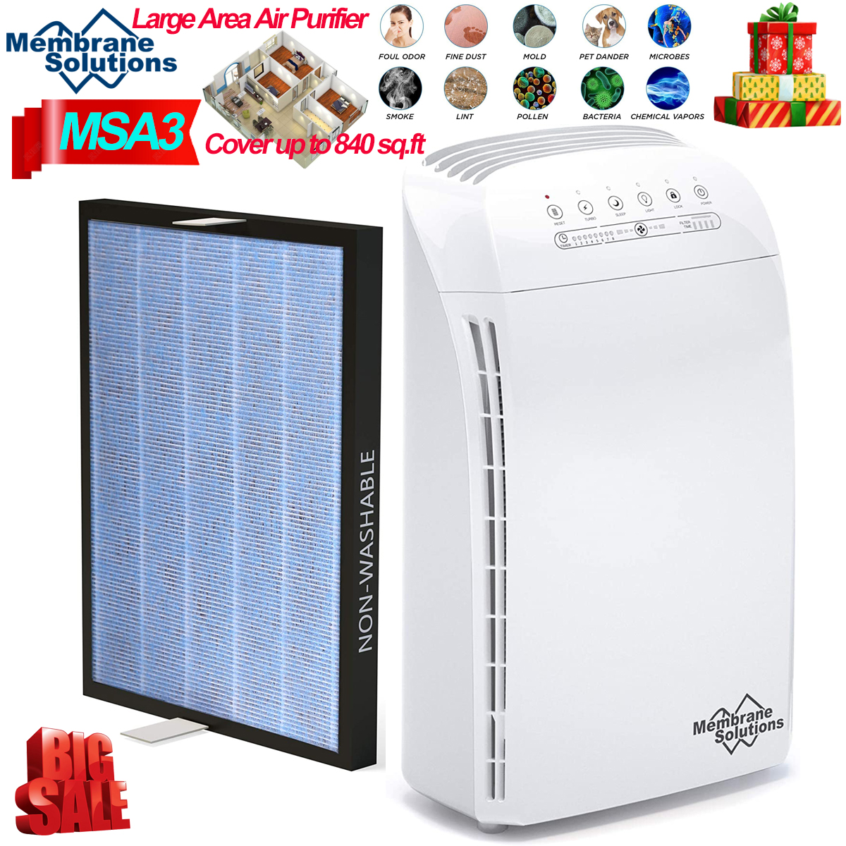 Large Room Smart Air Purifier Washable True HEPA Filter Cleaner for ...