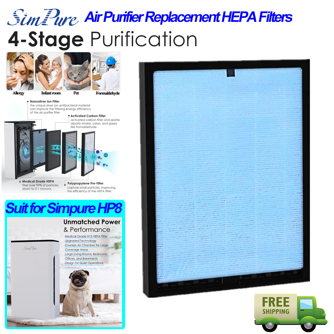 6 Pack Replacement Filter for SimPure HP8 Air Purifier 4 Stage Filtration HEPA