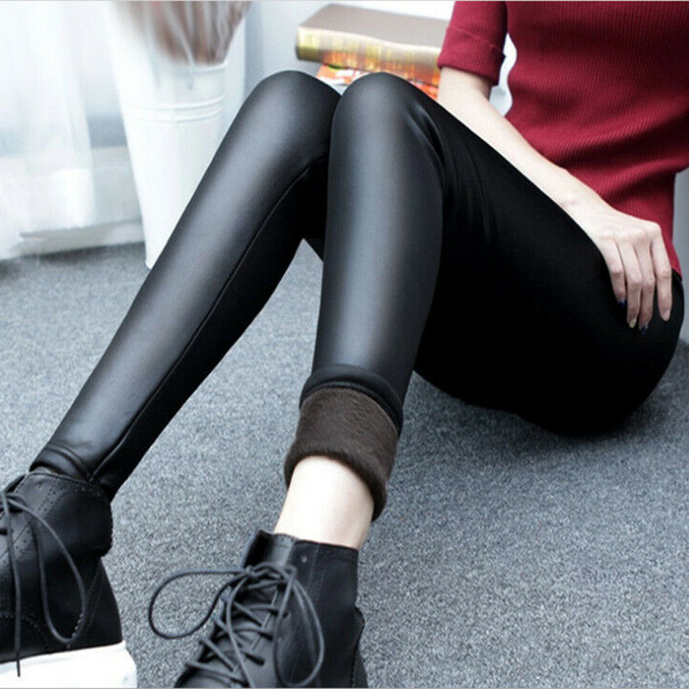 Women Winter Thick Warm Faux Black Leather Leggings Stretch Pants