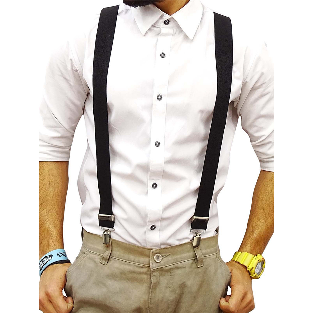 Mens Black Y-Back Clip-on Suspenders Adjustable Elastic Retro Formal Braces Tux 